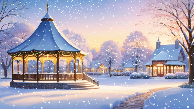 A serene, snow-covered gazebo surrounded by a flurry of snowflakes on a quiet Stars Hollow town square. Ideal for your Desktop/PC.