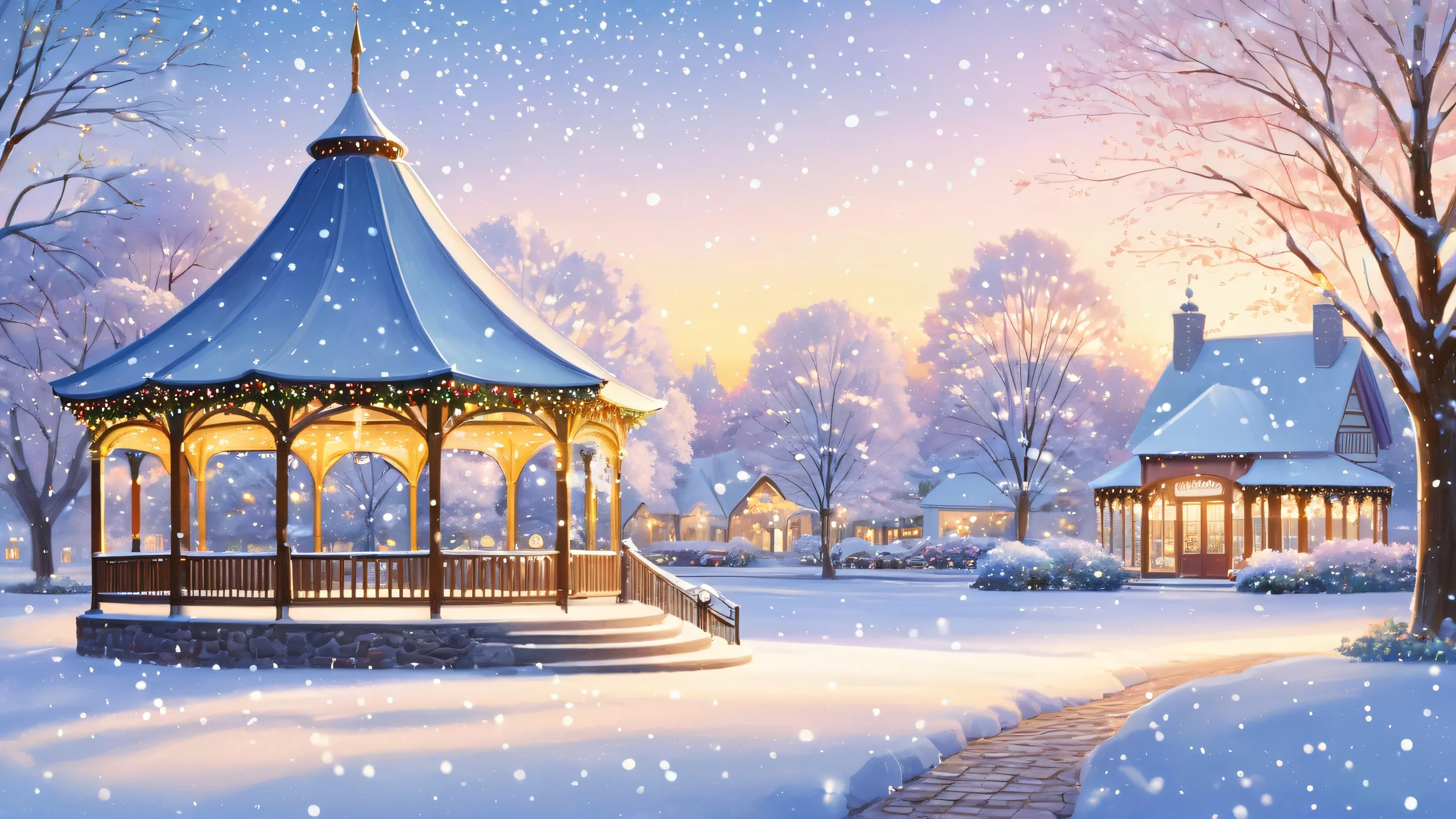 A serene, snow-covered gazebo surrounded by a flurry of snowflakes on a quiet Stars Hollow town square. Ideal for your Desktop/PC.