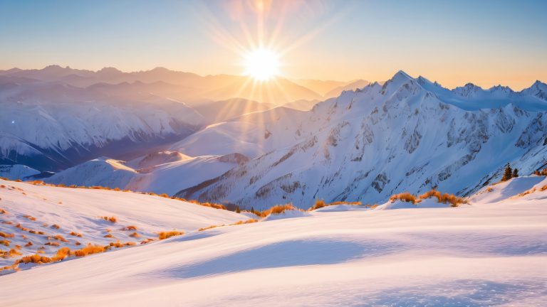 snowy mountain range wallpaper with golden hour sunrise scaled