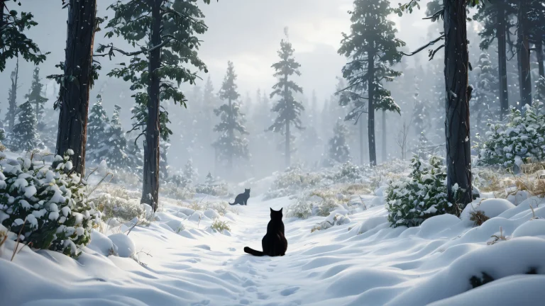 Black cats amidst snowy plants and trees for Desktop/PC