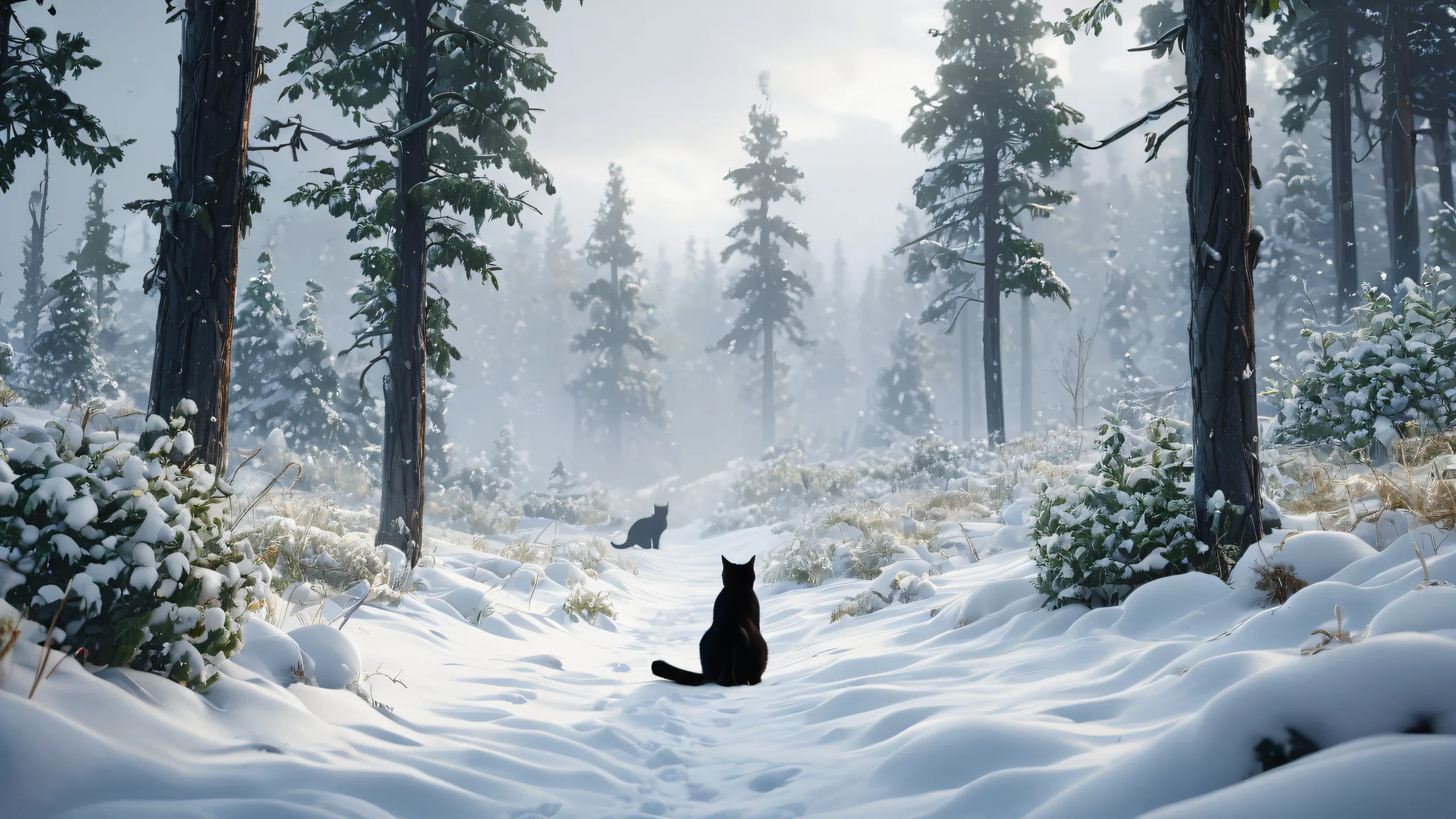 Black cats amidst snowy plants and trees for Desktop/PC