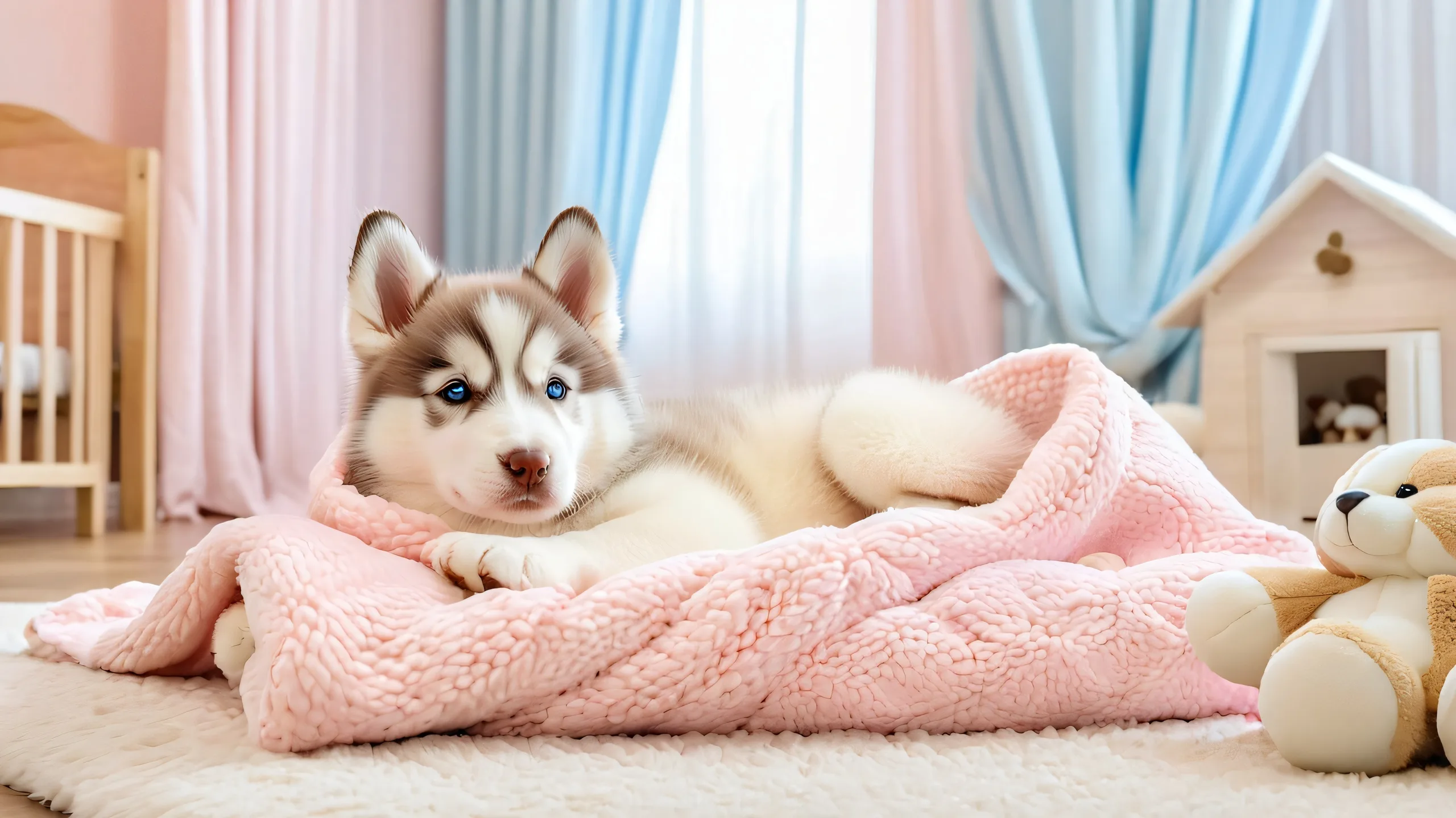 4K Snuggly Puppy Slumber Party Wallpaper for PC/Mac A snuggly baby husky puppy wrapped in a warm blanket, surrounded by plush toys and dog treats on a cozy bedroom background with soft pastel colors and watercolor illustrations.