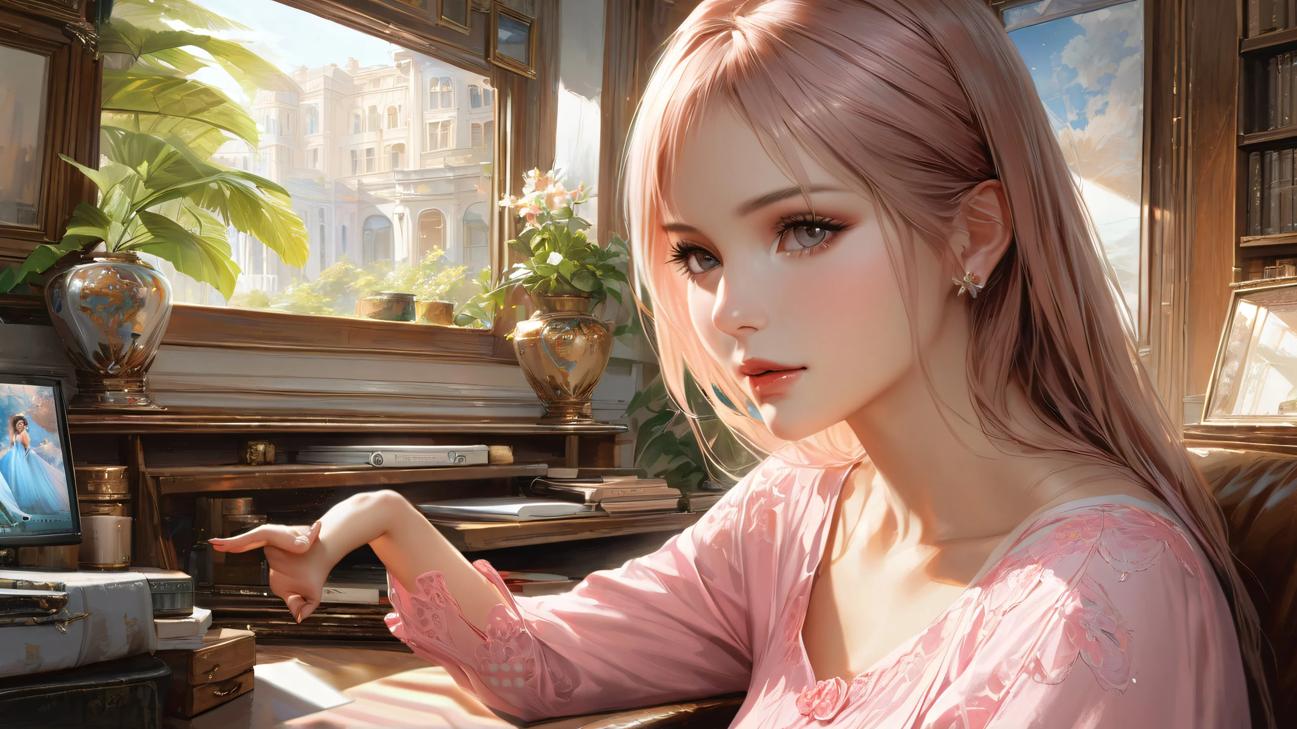 A serene depiction of a woman in a soft pink and white setting, showcasing realistic details.