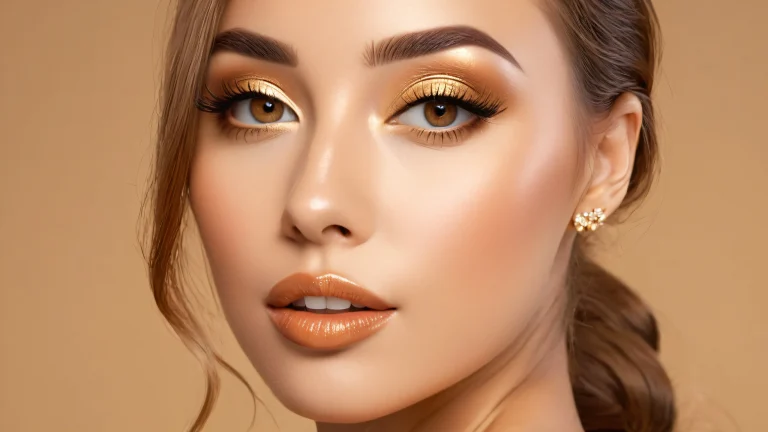 A stunning portrait in a warm beige and golden brown studio setting.