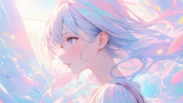 A highly detailed and soft focus portrait of an anime girl in a bright room with pastel colors.