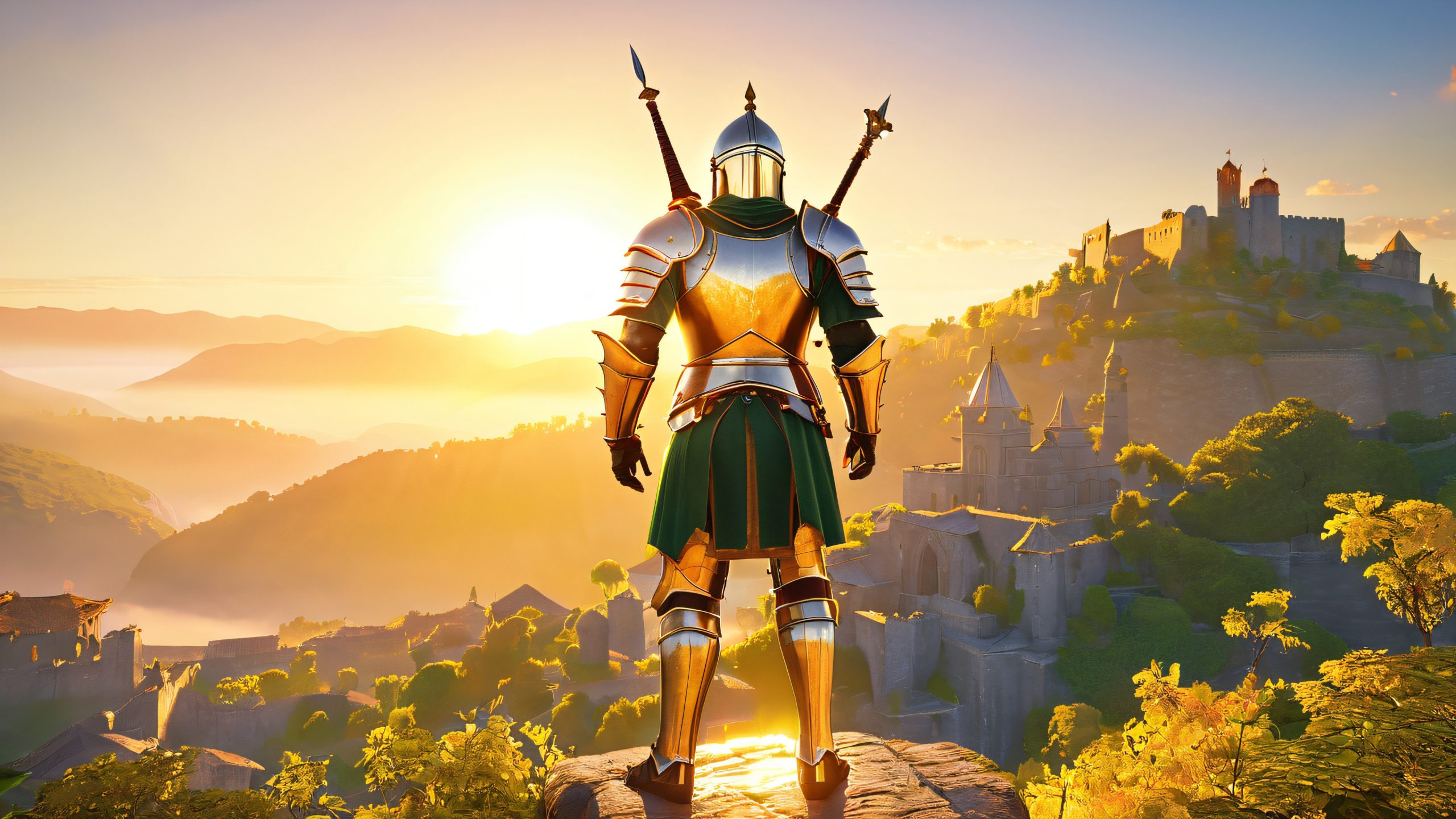 Solaire of Astora, a knight of the Sun, stands atop ancient ruins on a desktop/pc, surrounded by misty valley and warm golden light.
