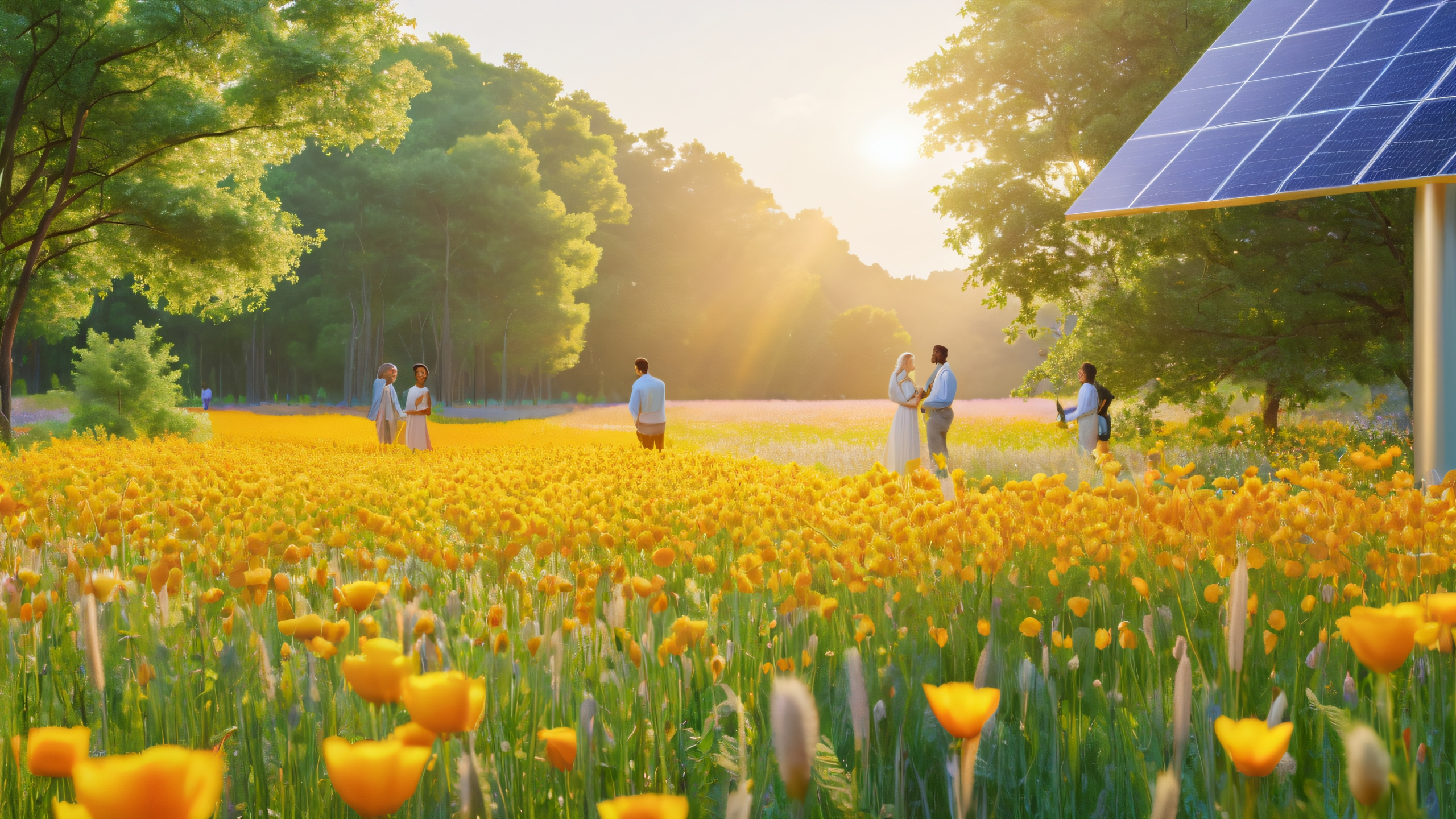 Solar Harmony Gathering 4K UHD Widescreen A group of people from diverse backgrounds gathered around a large solar panel installation on a sunny meadow with vibrant flowers and tall grasses, ideal for desktop/pc use.
