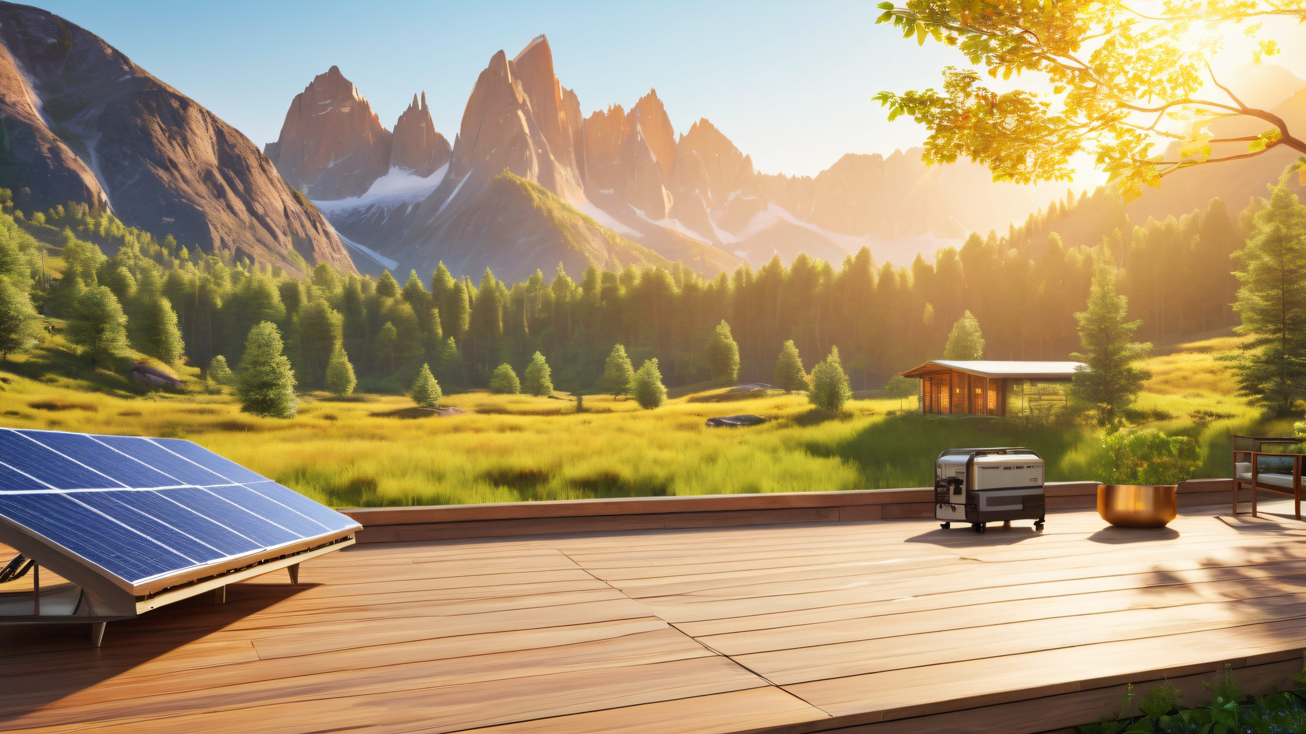 4K Solar Haven Sunset Desktop Background A portable power station with solar panels sits on a wooden cabin porch amidst lush greenery and a distant mountain range. Suitable for desktop/pc.