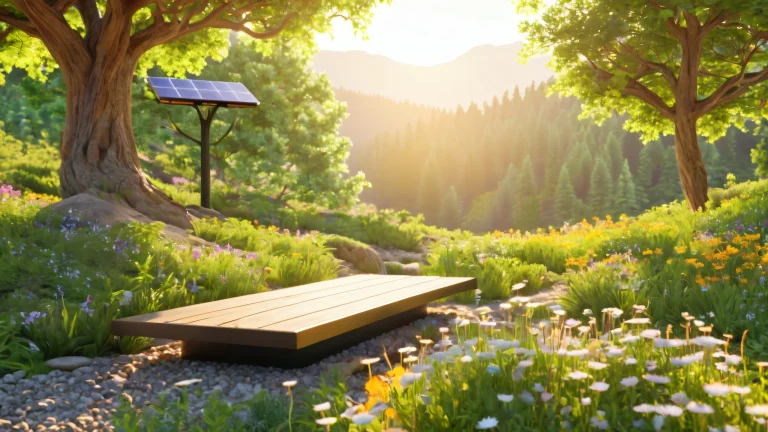 A serene solar-powered charging station scene on a lush forest desktop background for PC and desktop display.