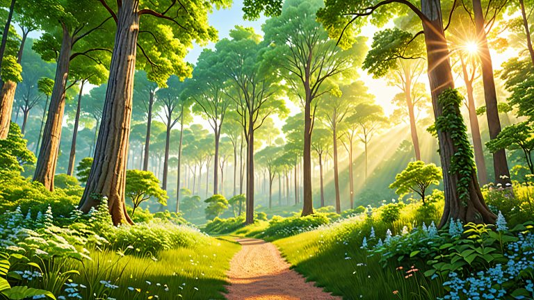 solarpunk forest lush greenery solar lanterns wallpaper scaled