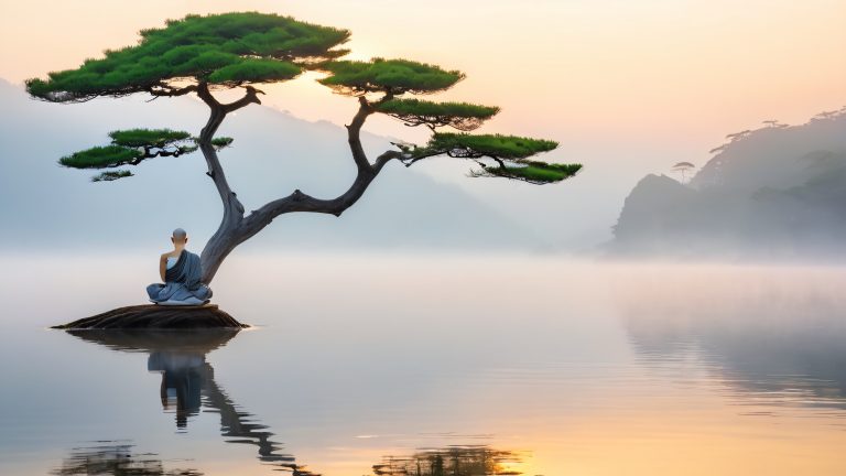solitary monk meditation japanese cypress trees misty lake scaled