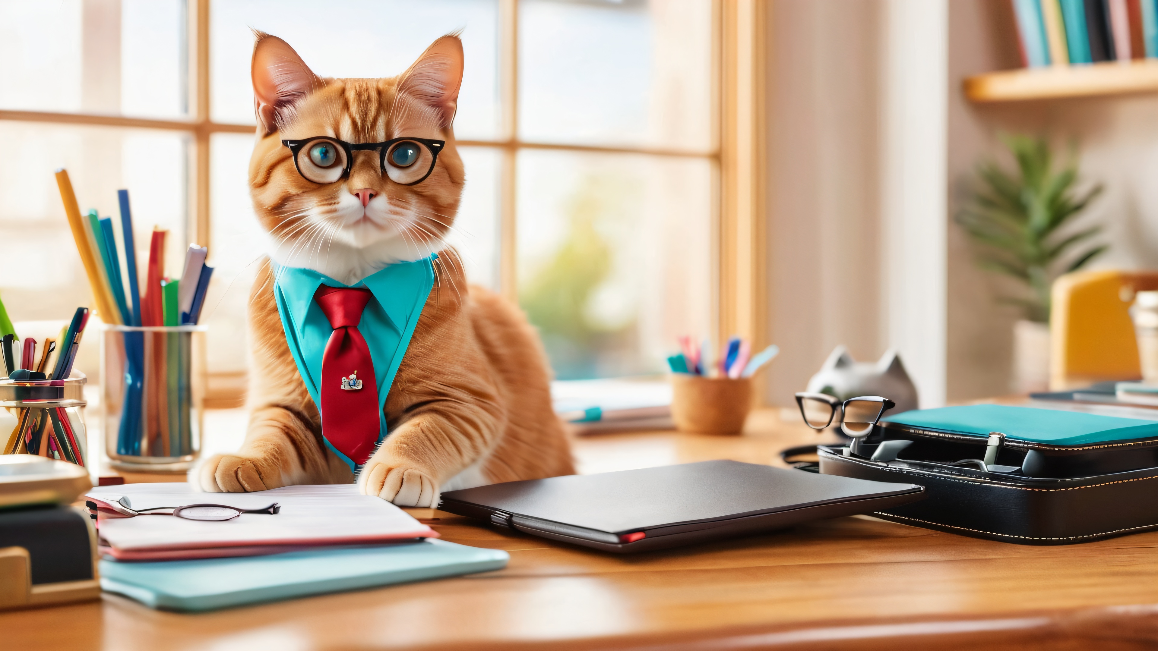 A whimsical desktop wallpaper featuring a bespectacled cat working at a desk, surrounded by office supplies and toys, with a warm and inviting atmosphere.