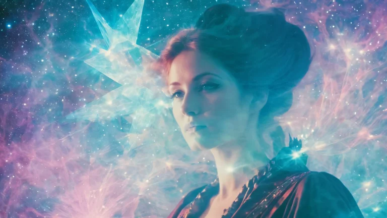 A majestic sorceress stands amidst a dreamy nebula, perfect for your desktop/pc, with a 16:9 aspect ratio and highest quality details.