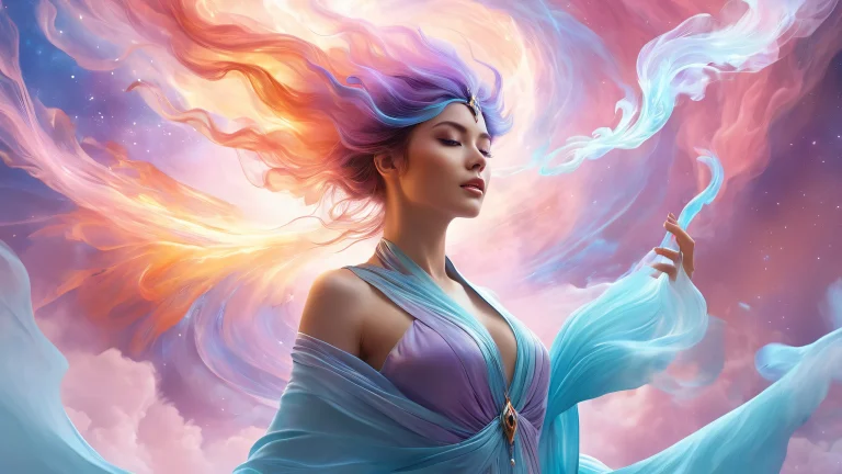 A majestic sorceress stands amidst swirling smoke and billowing silk, set against a dreamlike nebula backdrop, perfect for your desktop/pc.