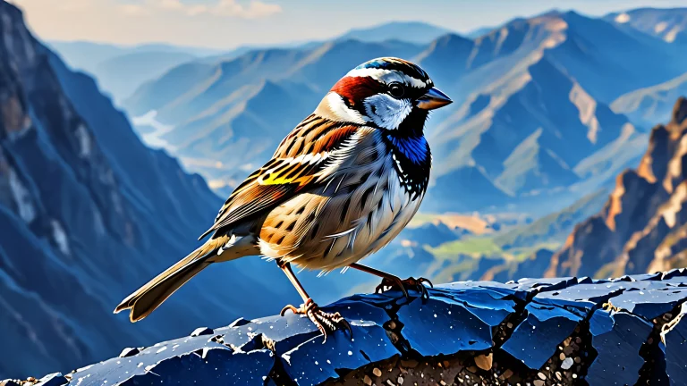 A stunning digital painting of a sparrow perched on broken terrain against a dark blue high contrast background.