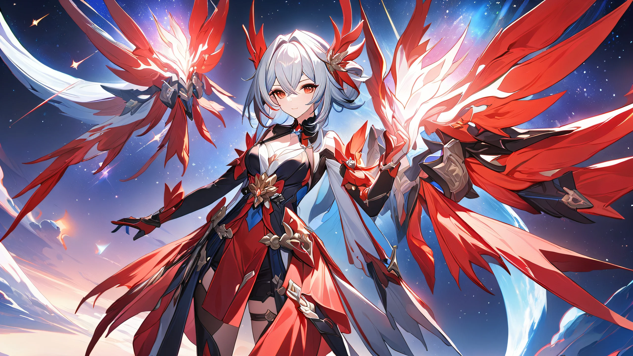 Sparxie Cosmic Odyssey 4K UHD Wallpaper Breathtaking illustration of Sparxie from Honkai: Star Rail in a vibrant red and white cosmic setting.