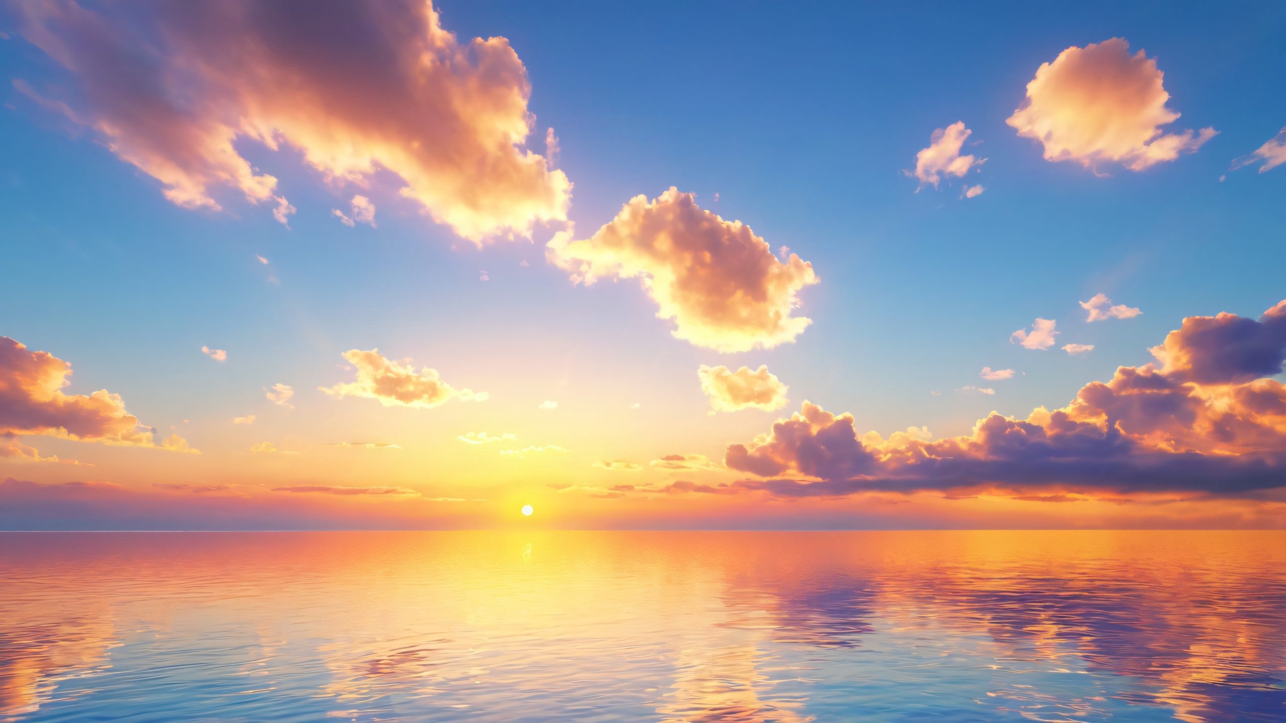 Spherical flames dance across a cerulean canvas with golden light and wispy clouds.