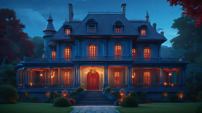 A dark and spooky illustration of a mansion at night with flickering light sources, featuring deep reds and dark blues.