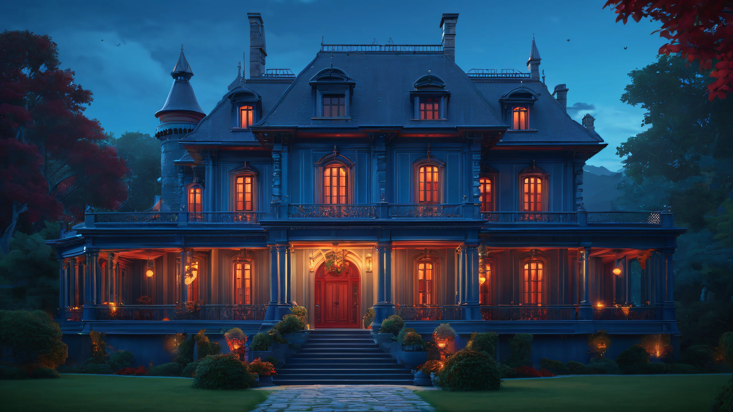 A dark and spooky illustration of a mansion at night with flickering light sources, featuring deep reds and dark blues.