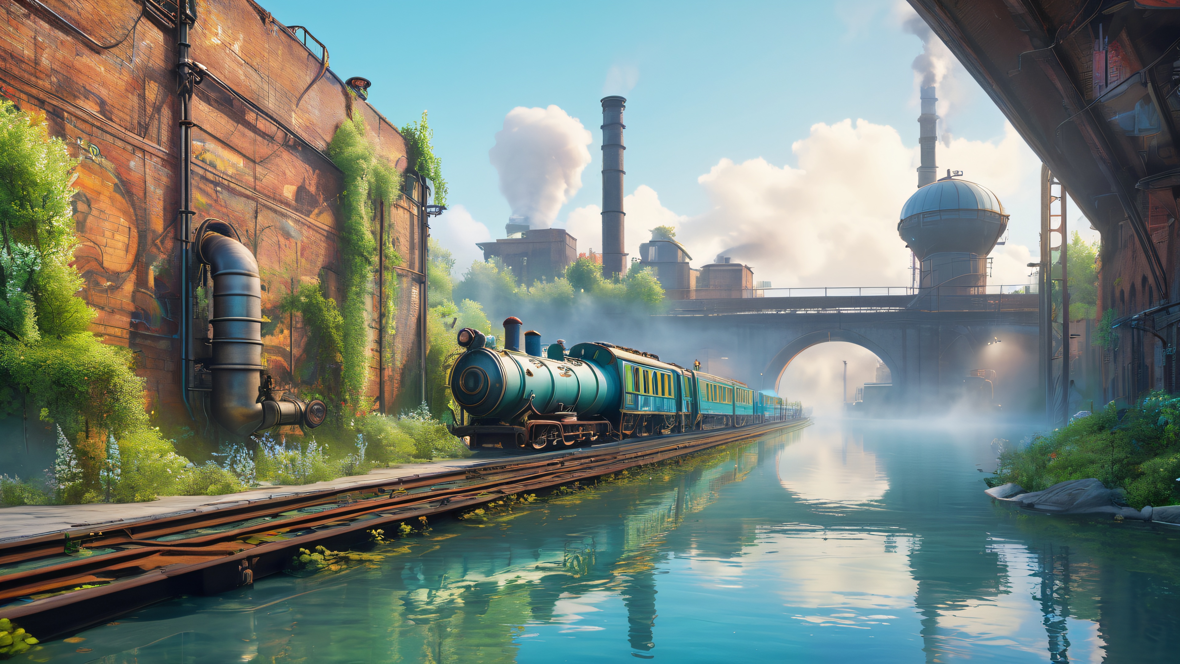 A 4K desktop wallpaper featuring a stylized steam-punk inspired reservoir with gears and machinery, a train, and industrial-chic alleyway with graffiti and vegetation.