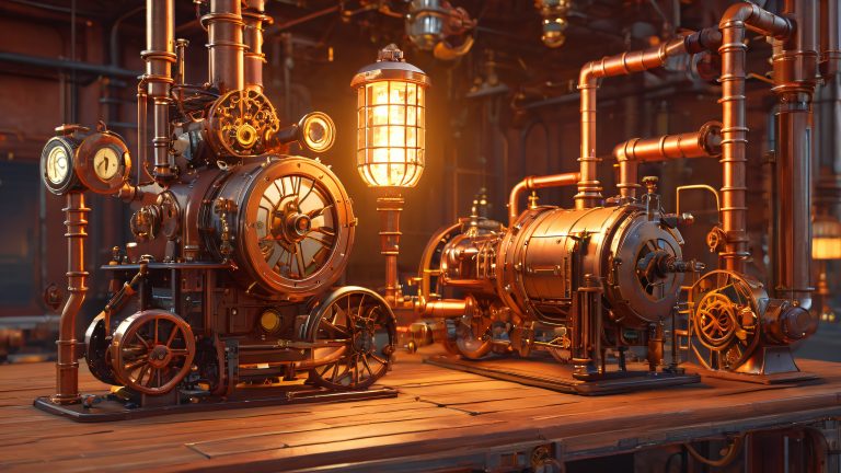 steampunk voxel characters clockwork factory wallpaper scaled