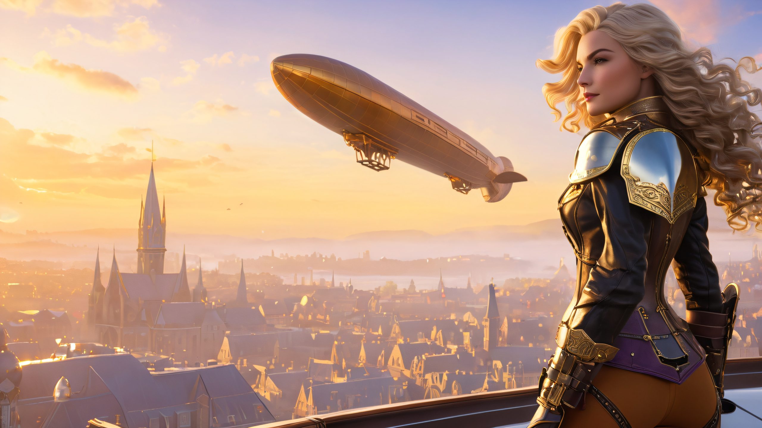 Aerial assassin Ashe Zephyr stands on a Zeppelin's observation deck, desktop/pc