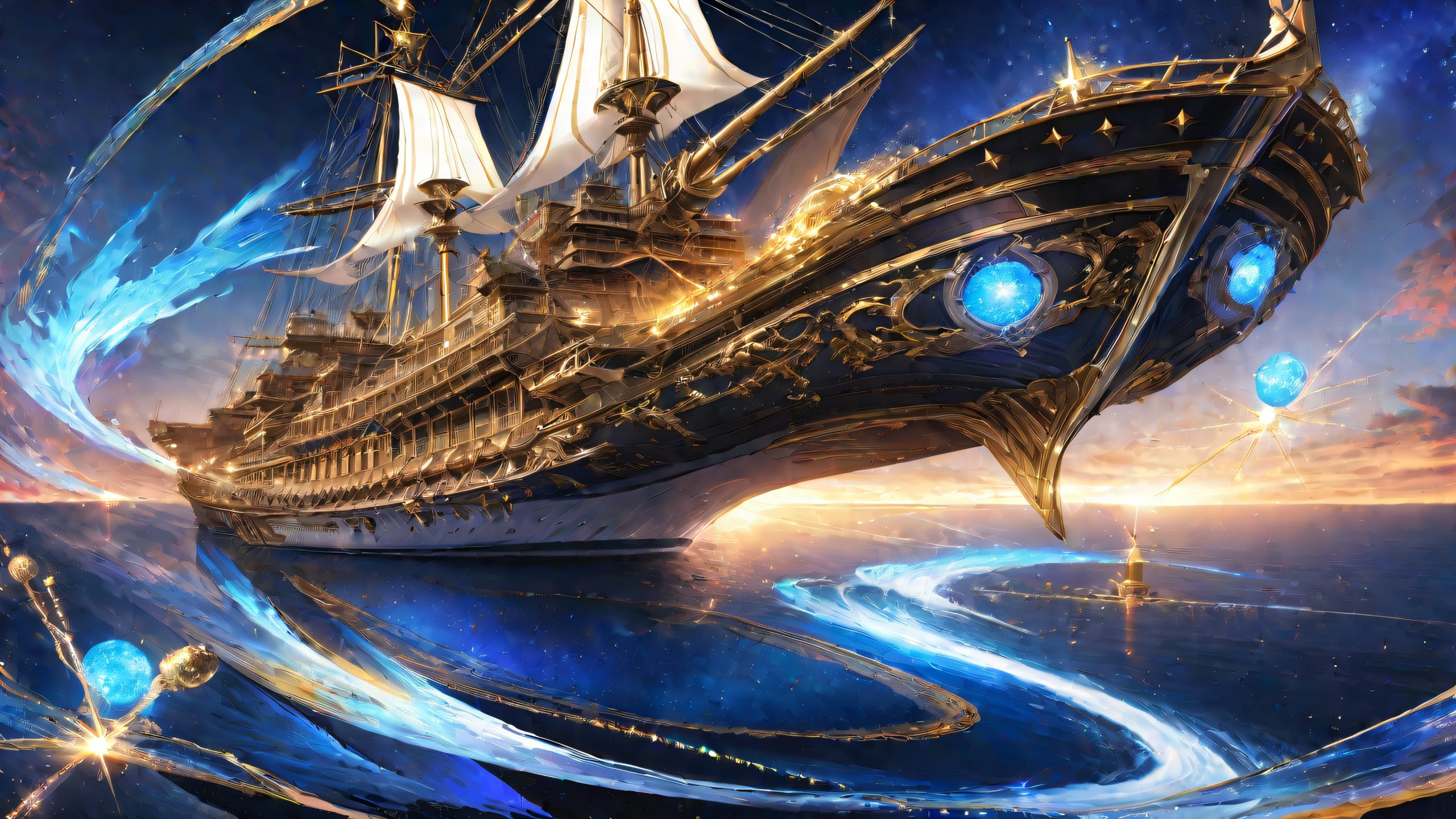 4K Stellar Galleon Voyage Desktop Background A majestic galleon navigates a starry ocean with glowing blue light and billowing white sails.
