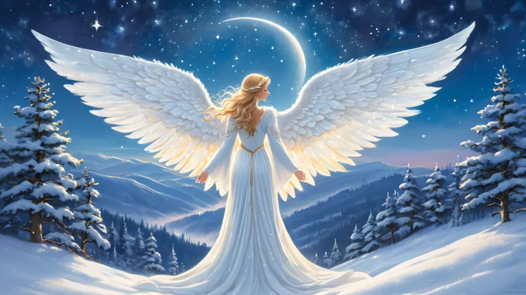 A serene winter landscape featuring a gentle snow angel gazing up at the stars, Perfekt für Ihren Desktop oder PC.