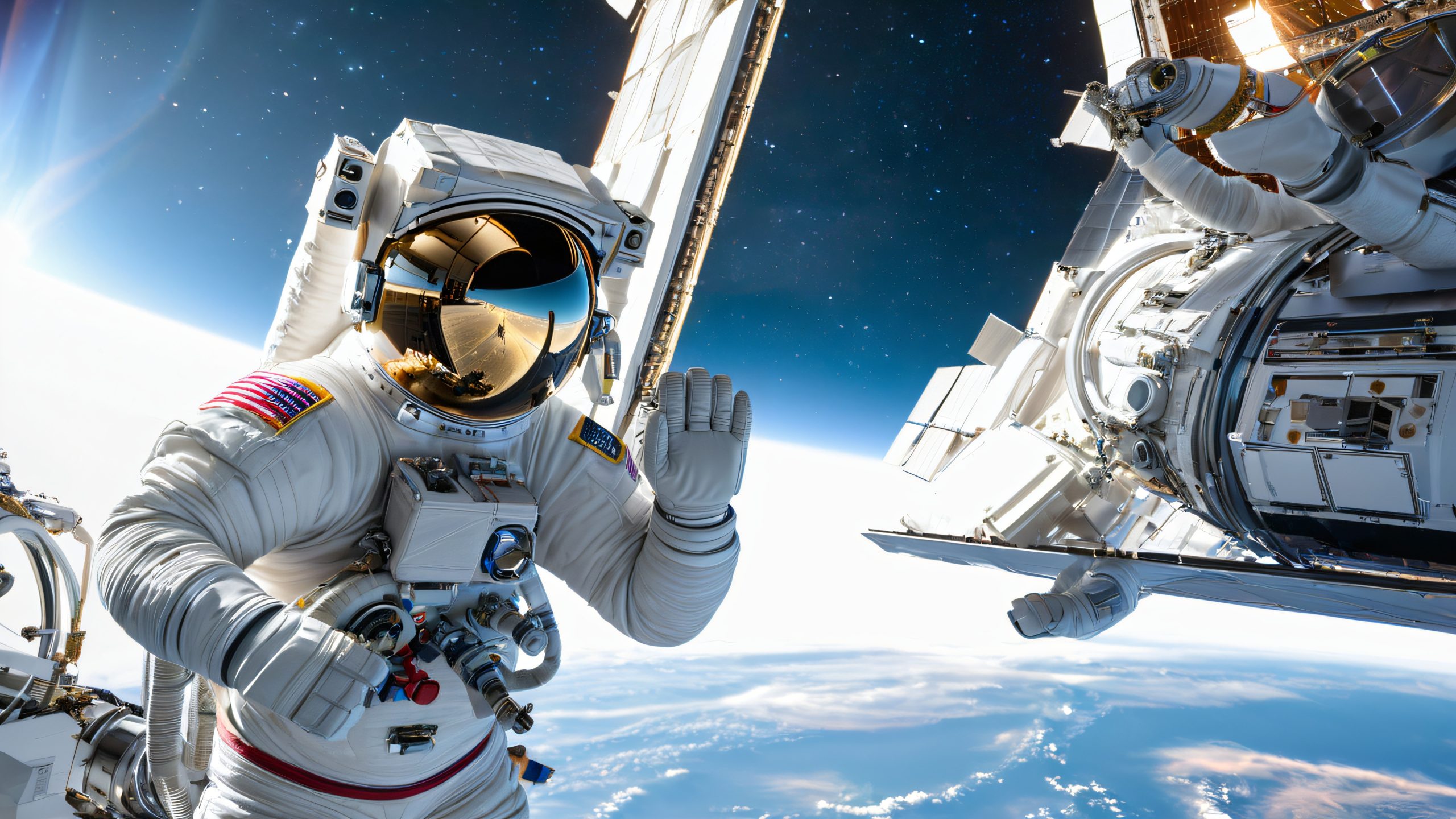 NASA astronaut Josh Cassada positions a solar array on the International Space Station, with a view of the Earth and stars