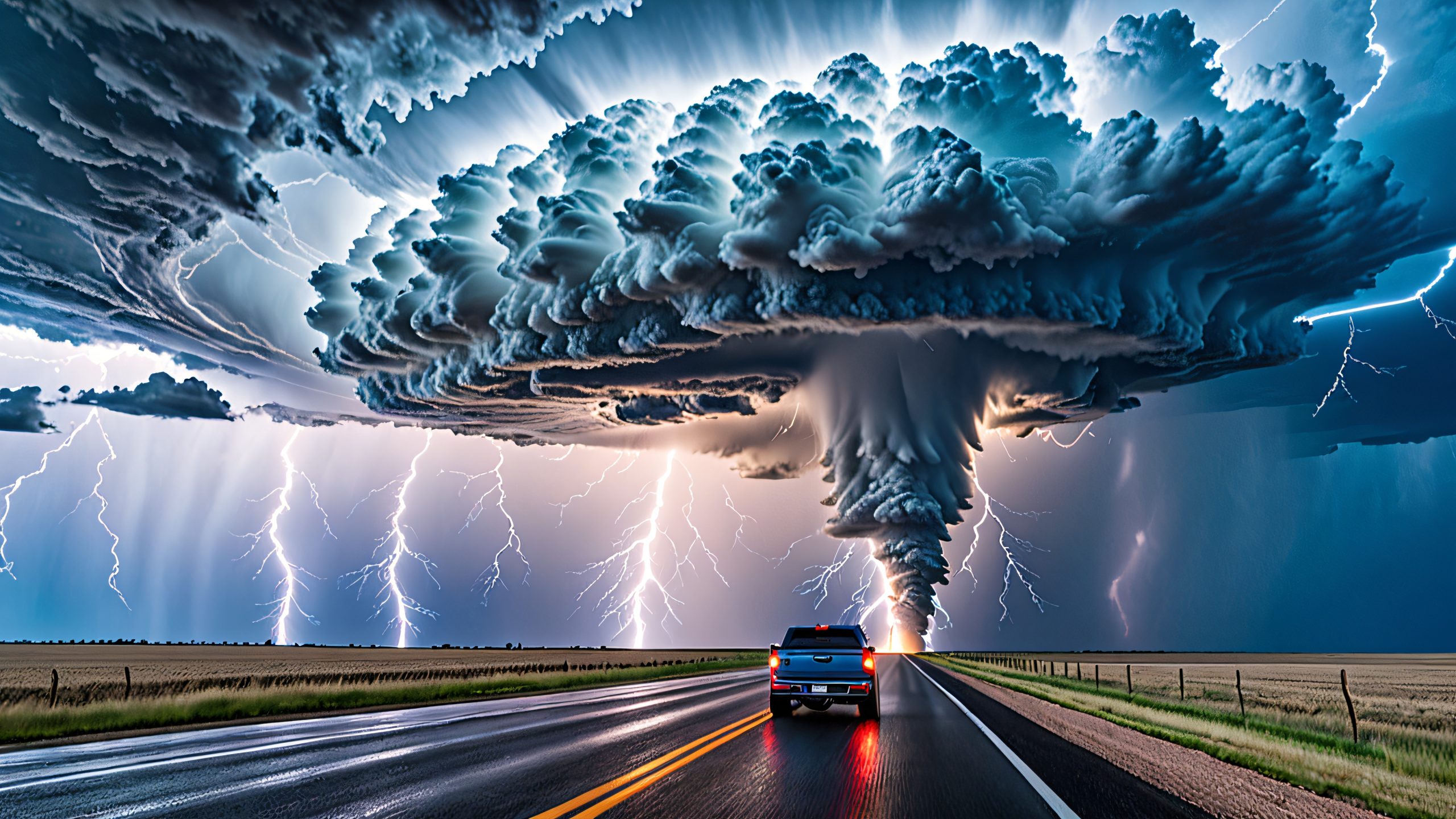 Aesthetic Stormy Tornado Chase Background Futuristic vehicle suspended above a stormy cloud with a tornado and lightning, suitable for desktop/PC use.