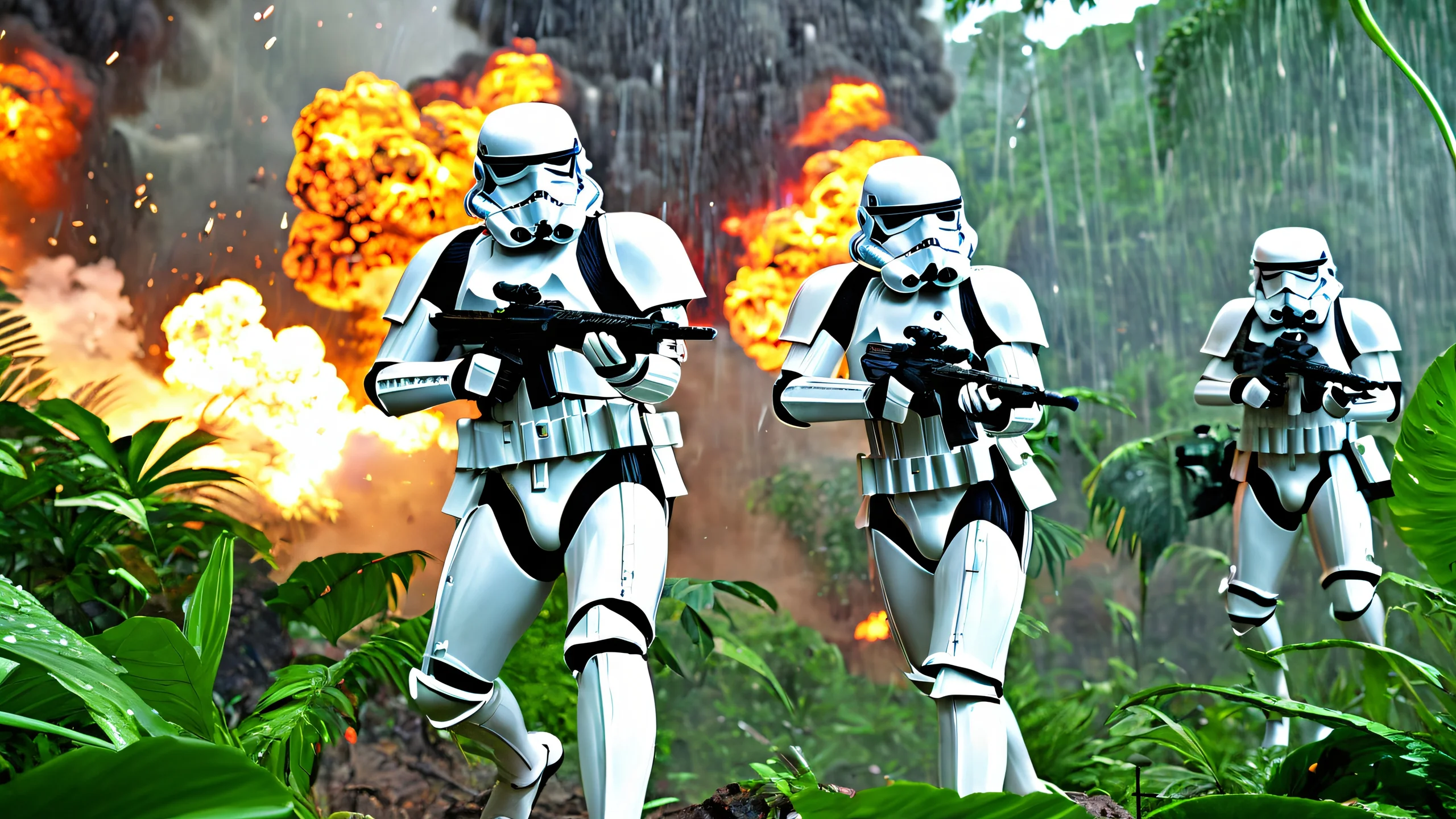 A dramatic scene of stormtroopers battling in a dense jungle with heavy rain and explosions