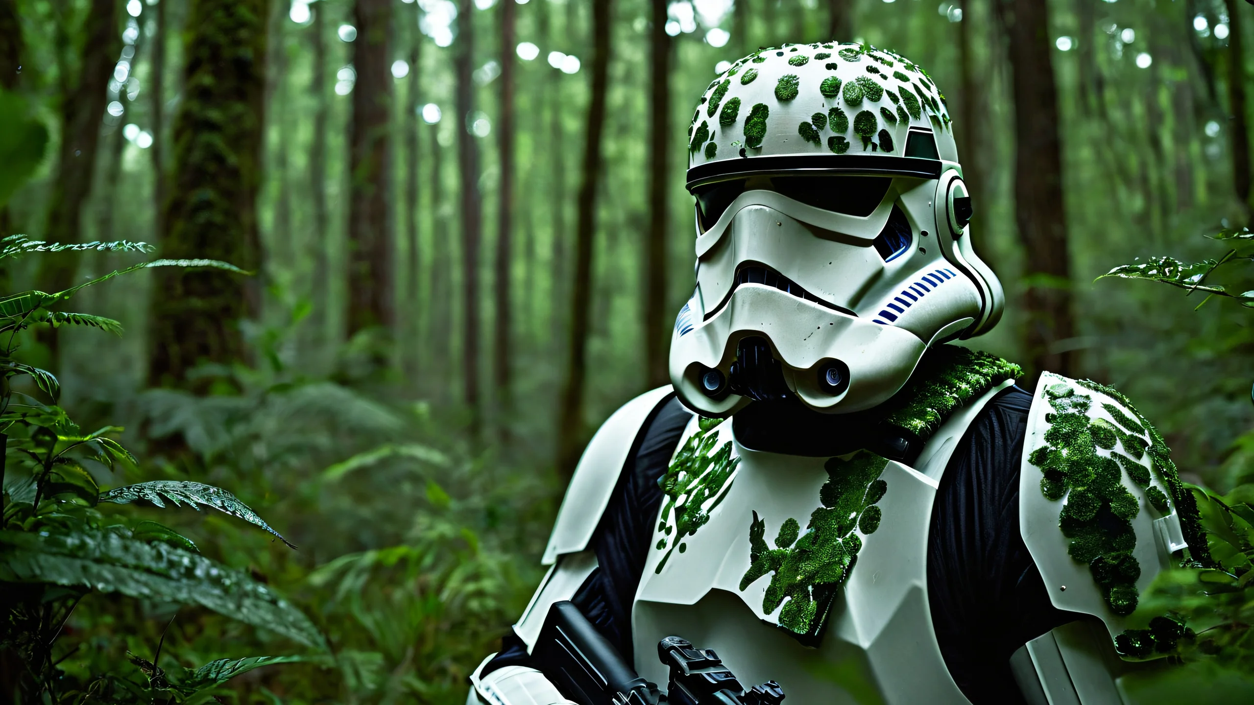 Aesthetic Stormtrooper Battle Scene Background Image of stormtroopers in green camouflage armor amidst battle debris, jungle foliage, and intense light effects.
