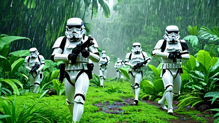 A dynamic scene of Stormtroopers in a lush jungle with rain and explosions.