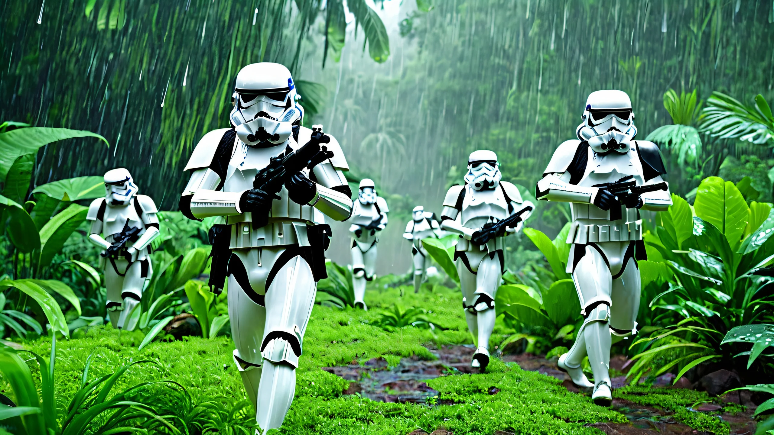 4K Stormtrooper Jungle Battle Wallpaper for PC/Mac A dynamic scene of Stormtroopers in a lush jungle with rain and explosions.