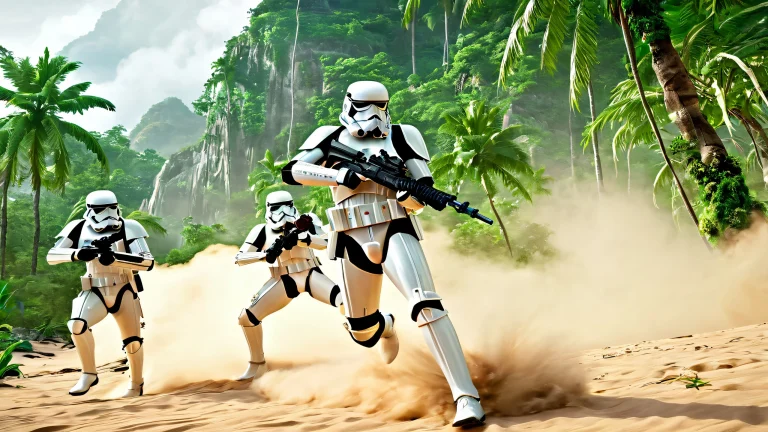 Highly detailed 4K desktop wallpaper featuring stormtroopers in a dynamic jungle action scene