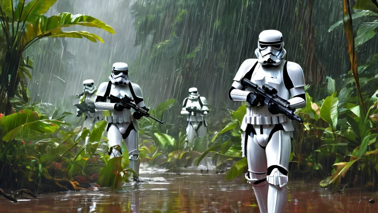 Desktop/PC wallpaper featuring stormtroopers battling in a vibrant jungle environment with heavy rain and intense action.