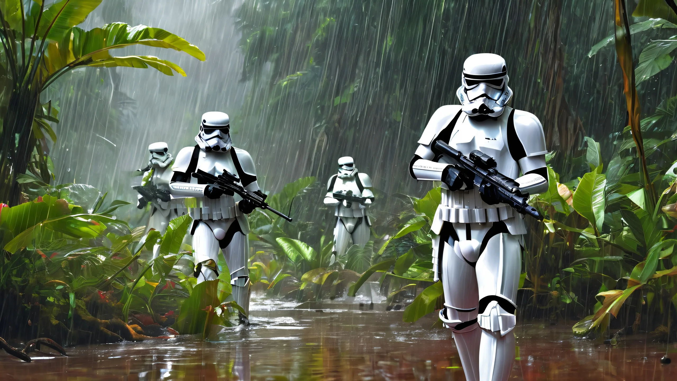 Desktop/PC wallpaper featuring stormtroopers battling in a vibrant jungle environment with heavy rain and intense action.