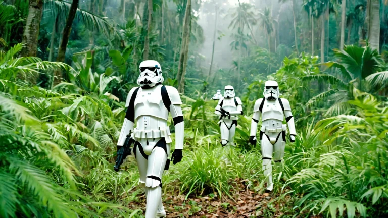 A group of stormtroopers traversing a lush jungle landscape on your desktop/pc, for a futuristic and immersive experience.