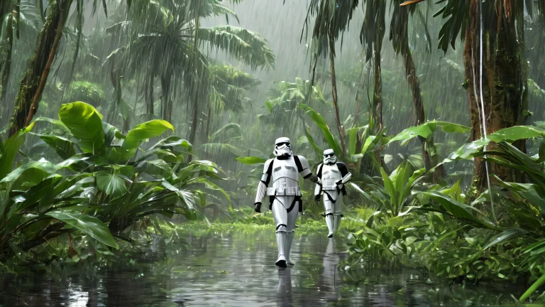 Image of Stormtroopers in a jungle environment with heavy rain and a vast pure void background for Desktop/PC