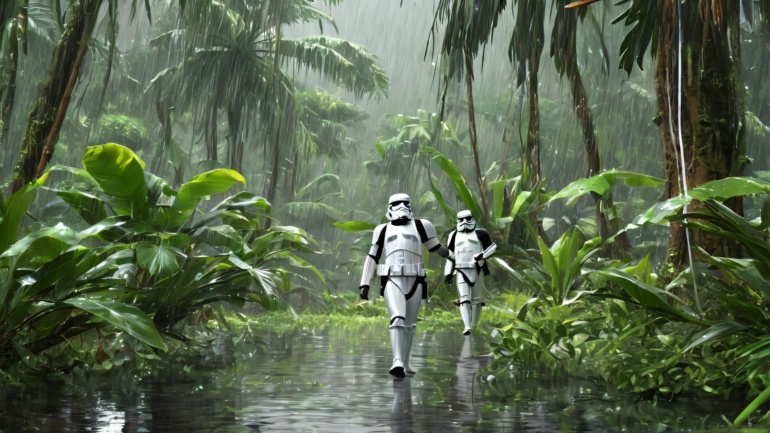 Epic Ethereal Stormtrooper Oasis Desktop Wallpaper Image of Stormtroopers in a jungle environment with heavy rain and a vast pure void background for Desktop/PC