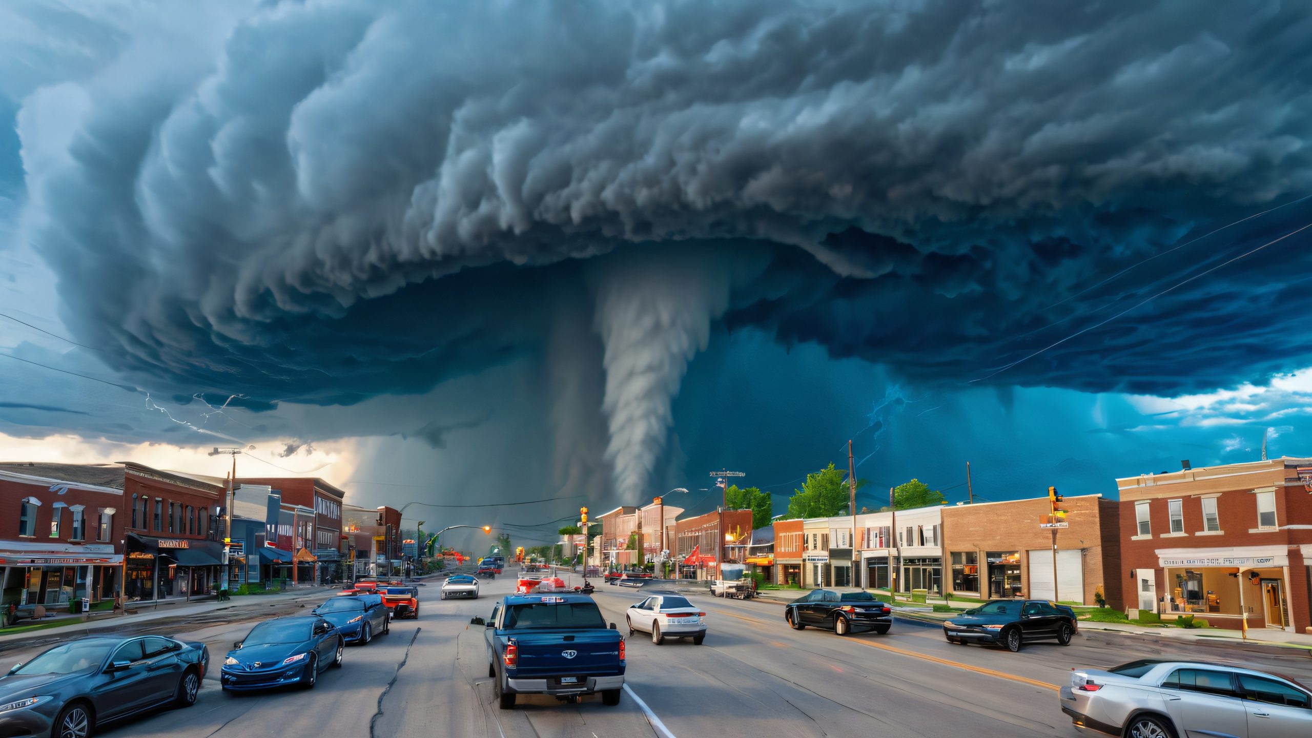 Breathtaking 4K desktop wallpaper of a devastating tornado in Union City, Michigan, with destruction and chaos, buildings reduced to rubble, people scrambling for cover, and a deadly storm system bringing devastation to the community, for Desktop/PC