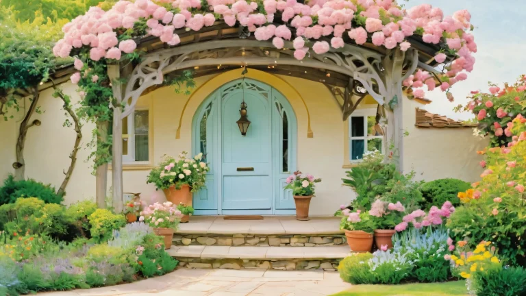 A whimsical desktop wallpaper featuring a storybook cottage with floral patterns and lush greenery, Perfekt für Ihren PC oder Desktop.