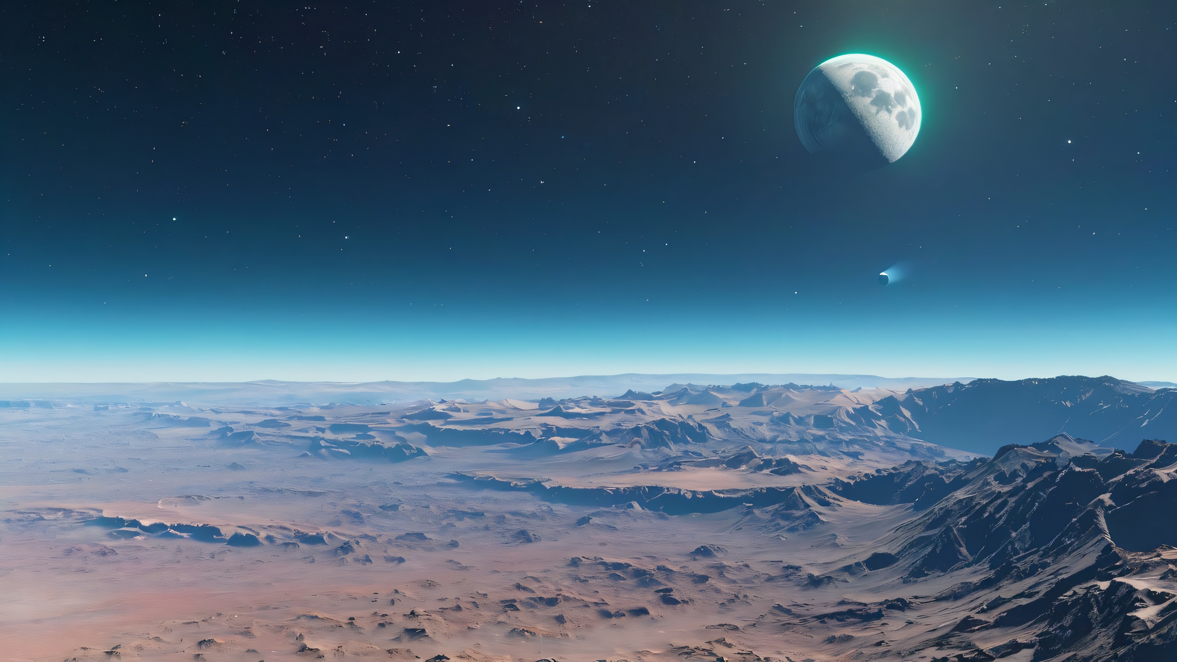 A breathtaking 4K desktop wallpaper of the Earth and Moon in lunar orbit, with the Earth's atmosphere glowing and the Moon's rugged terrain visible.