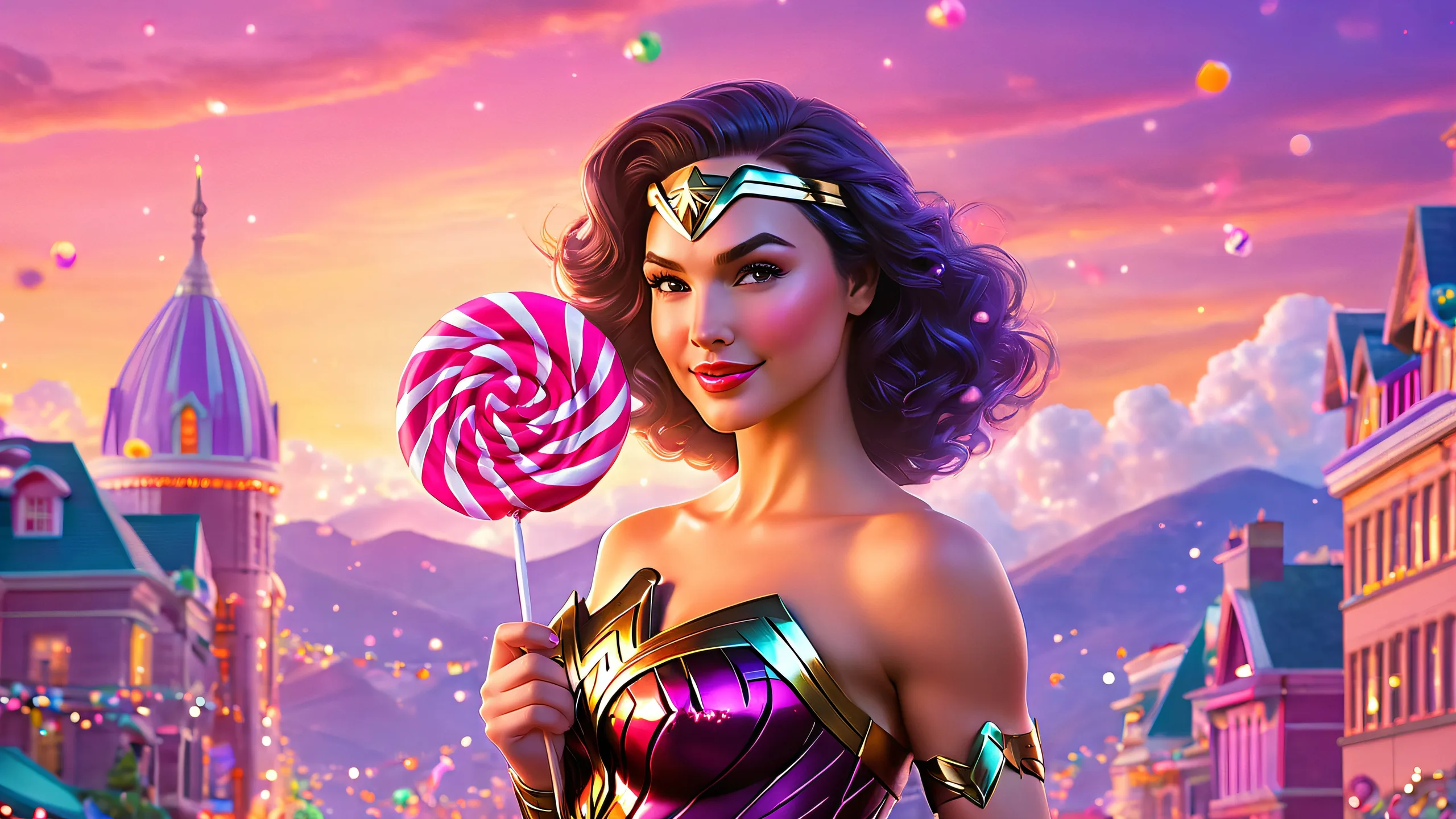 Aesthetic Sugar Rush Sunrise Siren Background An illustration of a warrior princess holding a lollipop amidst a whimsical cityscape at sunset for desktop/pc use.