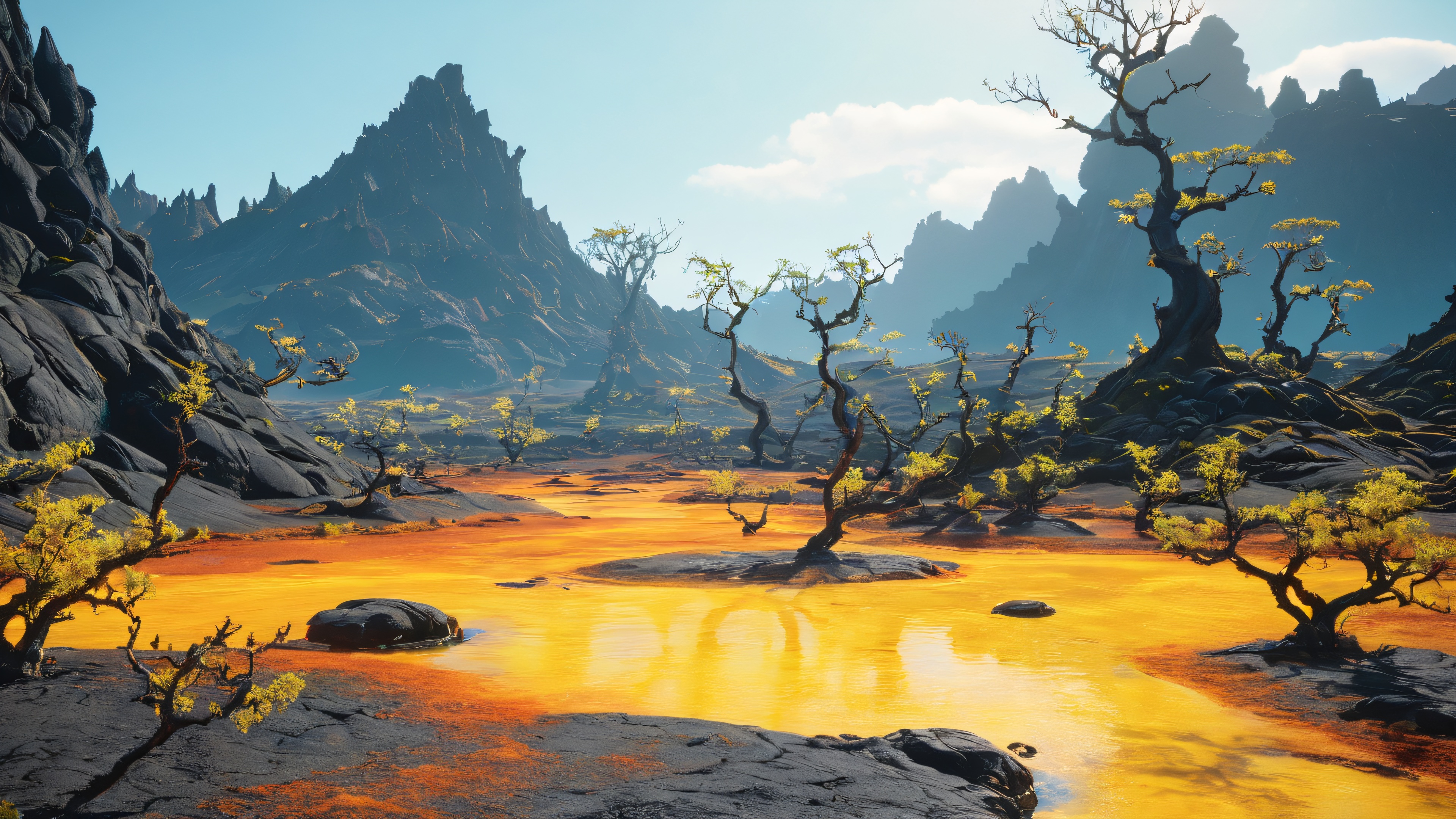 A dark fantasy illustration of a sulfurous spring surrounded by twisted trees, emitting noxious fumes and casting an otherworldly glow.