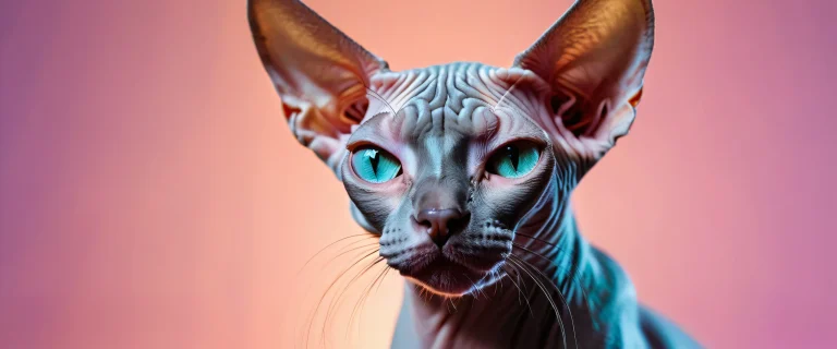 Hyper-realistic image of a sphynx cat's face with exquisite facial hair and delicate whiskers, set against an iridescent gradient background.