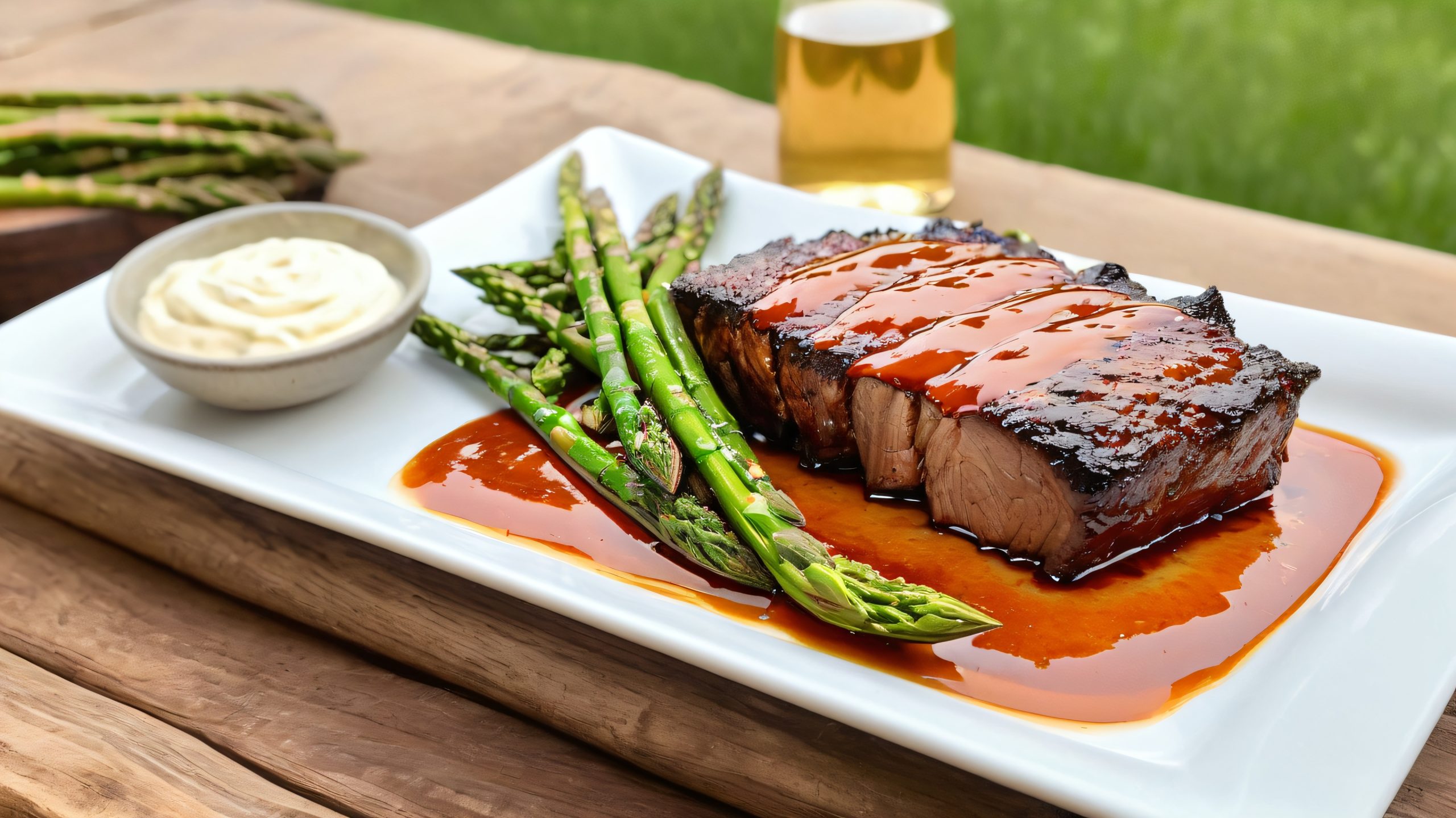 A mouthwatering BBQ rib with roasted asparagus and sour cream, set against a rustic picnic table backdrop, suitable for a desktop or PC.