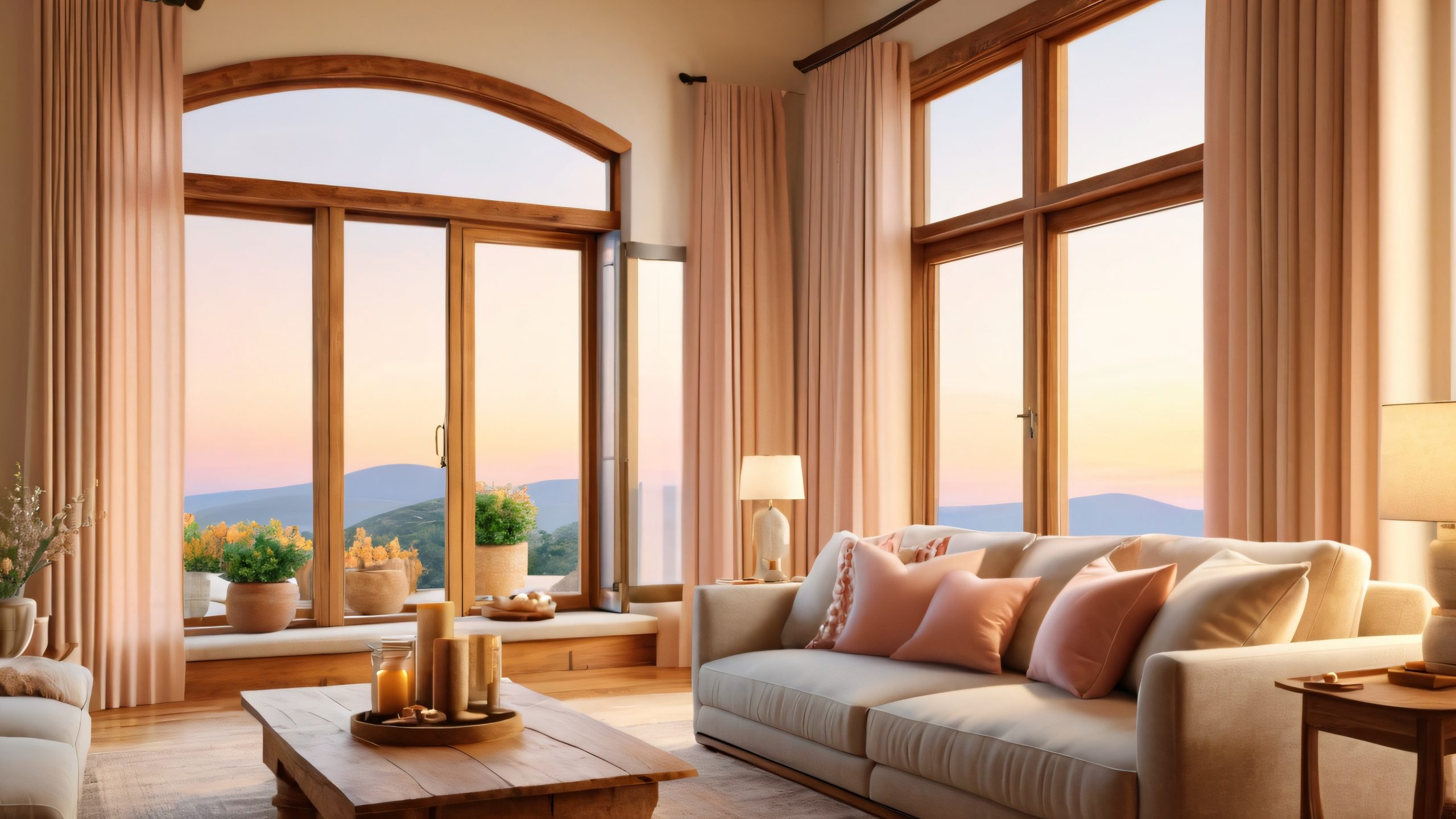 4K Sunday Morning Sanctuary Wallpaper for PC/Mac石の暖炉 A cozy living room scene with a rustic wooden window frame, plush furniture, stone fireplace, and soft golden light of sunrise.