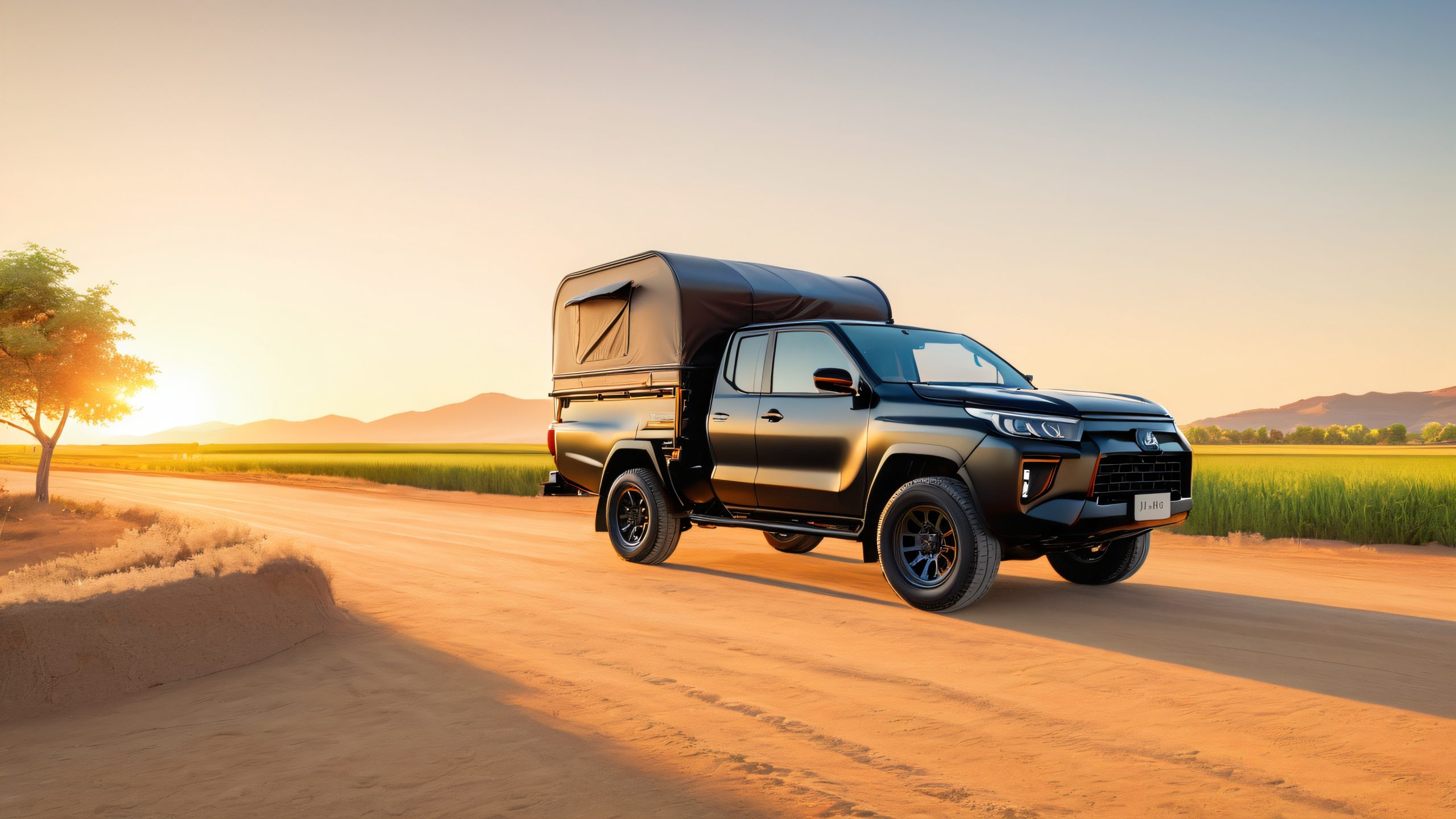 Aesthetic Sundowner JDM Roadside Encounter Background A sleek black kei truck parked on a rural road with a vintage motorcycle and retro gas pump, perfect for desktop/pc background.