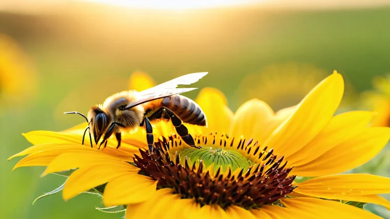 A majestic honey bee in mid-air, collecting nectar from a vibrant sunflower on a lush meadow with tall grasses and wildflowers for desktop/pc backgrounds.